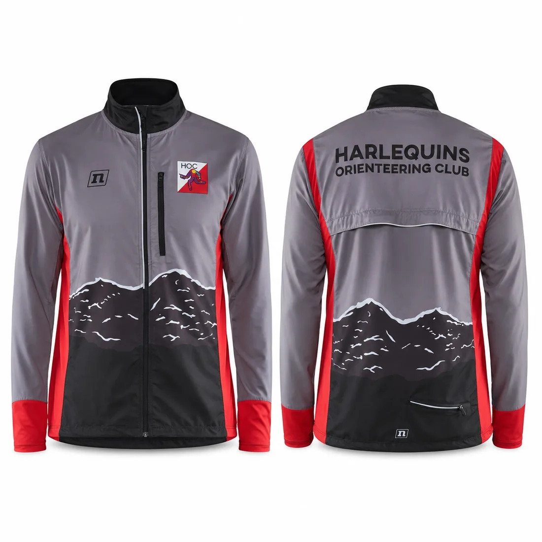 Custom jacket made for Harlequins Orienteering Club, front and back