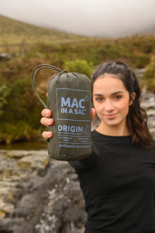 MIAS Origin 2 Khaki packed - Mac in a Sac - Packable Waterproof trail running waterproof jacket UK - Lightweight, packable and easily stored, Fully Taped Seams - Unisex