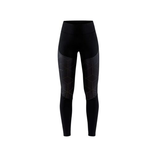 Craft Women's Lumen Padded Running Tights Front View – Black Reflective Winter Running Leggings