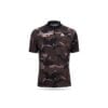 Front view of a short-sleeve athletic zipper shirt in a brown and black camouflage pattern, featuring 'COMPASS POINT' and 'TRUE STORY' logos on the chest
