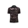 TRUE-STORY-Orienteering-Shirt-Elite-brown-short-sleeve Front view of a short-sleeve athletic zipper shirt in a brown and black camouflage pattern, featuring 'COMPASS POINT' and 'TRUE STORY' logos on the chest