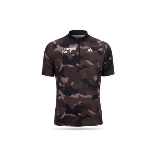 Front view of a short-sleeve athletic zipper shirt in a brown and black camouflage pattern, featuring 'COMPASS POINT' and 'TRUE STORY' logos on the chest