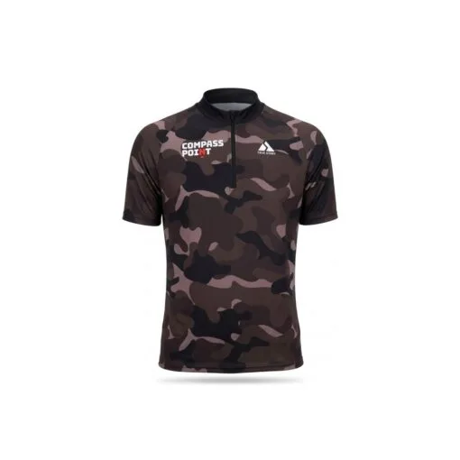 TRUE-STORY-Orienteering-Shirt-Elite-brown-short-sleeve Front view of a short-sleeve athletic zipper shirt in a brown and black camouflage pattern, featuring 'COMPASS POINT' and 'TRUE STORY' logos on the chest