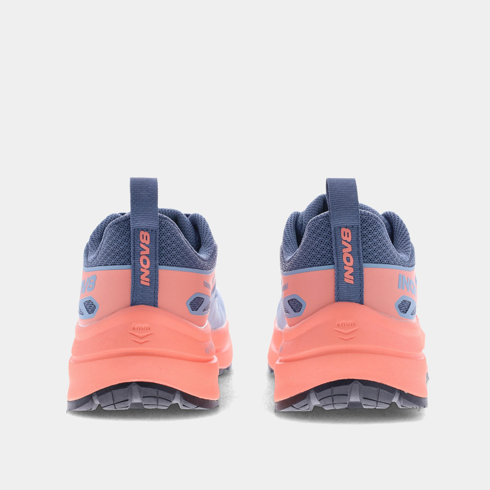 inov8 trailfly max blue/grey/coral/light grey women's wide fit - shot from the back