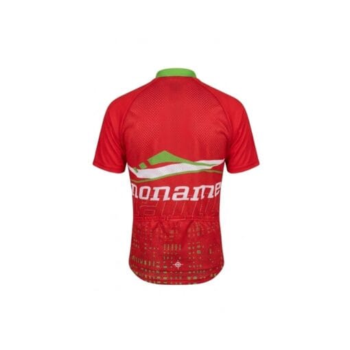 Back view of the NONAME Battle Orienteering Shirt – Unisex. The short-sleeve jersey is made entirely from a high-breathability mesh fabric, which is clearly visible over the main red body. The solid lime-green collar contrast is seen. The same layered wave graphic of green, white, and red stripes (representing mountains) from the front is present. The large white stylized "noname" text block is layered over it, just below the shoulder blades. The extensive green-and-lime geometric matrix pattern covers the lower hem and is prominent on the mesh. A small, subtle star-shaped compass logo is printed at the very center-bottom hem.