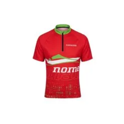 Front view of the NONAME Battle Orienteering Shirt – Unisex. This is a technical, red short-sleeve athletic jersey with a lime-green high collar and a black quarter-zip closure. The left chest features a small white "noname" logo. Below the zipper, a wave-like graphic of green, white, and red stripes suggests a mountain landscape. A large, stylized white text block with "noname" is layered across the mid-torso. The lower hem is decorated with a detailed green-and-lime geometric matrix pattern, and the main red body has a subtle mesh-like texture.