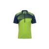 Front view of the NONAME Caliber Orienteering Shirt for unisex. The athletic short-sleeve shirt features a vibrant lime green body with a navy blue asymmetrical chest and shoulder design. A detailed navy and lime geometric grid pattern covers the upper chest and shoulders, complete with a high collar and a black quarter-zip closure.