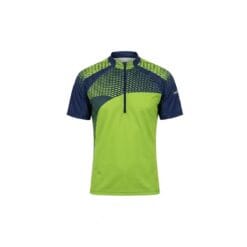 Front view of the NONAME Caliber Orienteering Shirt for unisex. The athletic short-sleeve shirt features a vibrant lime green body with a navy blue asymmetrical chest and shoulder design. A detailed navy and lime geometric grid pattern covers the upper chest and shoulders, complete with a high collar and a black quarter-zip closure.
