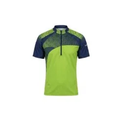Front view of the NONAME Caliber Orienteering Shirt for unisex. The athletic short-sleeve shirt features a vibrant lime green body with a navy blue asymmetrical chest and shoulder design. A detailed navy and lime geometric grid pattern covers the upper chest and shoulders, complete with a high collar and a black quarter-zip closure.
