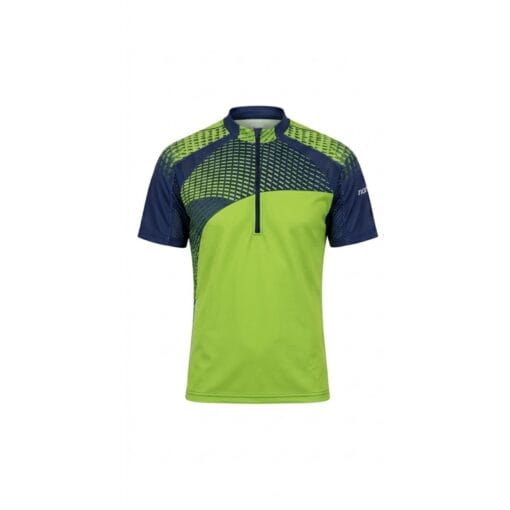 Front view of the NONAME Caliber Orienteering Shirt for unisex. The athletic short-sleeve shirt features a vibrant lime green body with a navy blue asymmetrical chest and shoulder design. A detailed navy and lime geometric grid pattern covers the upper chest and shoulders, complete with a high collar and a black quarter-zip closure.