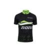 NONAME-Combat-Shirt-front Front view of the NONAME Combat Orienteering Shirt – Unisex. This technical, short-sleeve athletic jersey features a black body, a high-visibility lime-green collar, and a quarter-zip closure. The left chest displays a small white "noname" logo above a wave-like graphic of green and white stripes. A large, stylized white "noname" text block stretches across the mid-torso, sitting above a green geometric matrix pattern that fades up from the lower hem.
