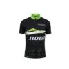 NONAME-Combat-Shirt-front Front view of the NONAME Combat Orienteering Shirt – Unisex. This technical, short-sleeve athletic jersey features a black body, a high-visibility lime-green collar, and a quarter-zip closure. The left chest displays a small white "noname" logo above a wave-like graphic of green and white stripes. A large, stylized white "noname" text block stretches across the mid-torso, sitting above a green geometric matrix pattern that fades up from the lower hem.