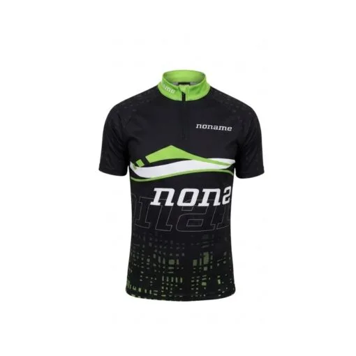 NONAME-Combat-Shirt-front Front view of the NONAME Combat Orienteering Shirt – Unisex. This technical, short-sleeve athletic jersey features a black body, a high-visibility lime-green collar, and a quarter-zip closure. The left chest displays a small white "noname" logo above a wave-like graphic of green and white stripes. A large, stylized white "noname" text block stretches across the mid-torso, sitting above a green geometric matrix pattern that fades up from the lower hem.