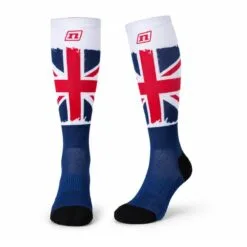 Model wearing Union Jack knee high athletic compression socks for running and outdoor sports