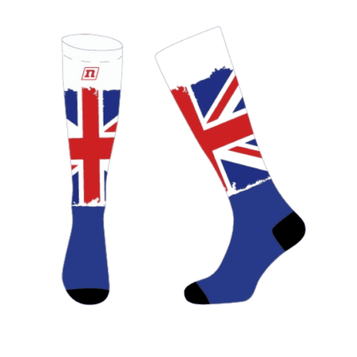 Knee high NONAME orienteering socks with digital printed designs - United Kingdom flag front image and side