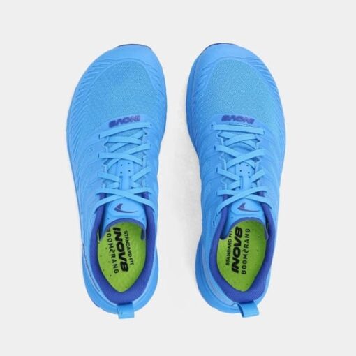 Top view of INOV8 TrailFly Speed V2 men’s blue trail running shoes with breathable upper BOOMERANG Footbed