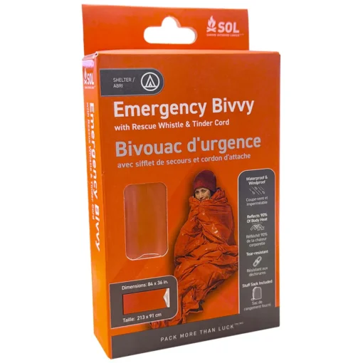 SOL Emergency Bivvy Bag with Rescue Whistle and Tinder Cord product packaging front