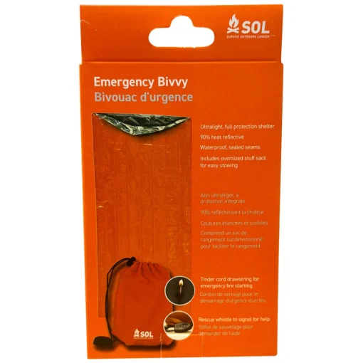 SOL Emergency Bivvy Bag packaging showing emergency shelter features and specifications