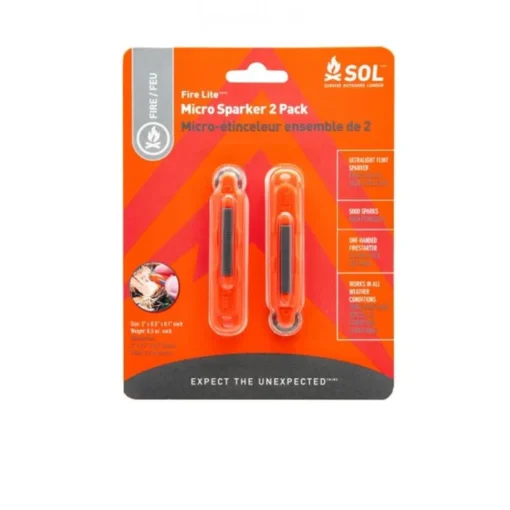 SOL Fire Lite Micro Sparker 2 Pack packaging showing compact survival fire starters