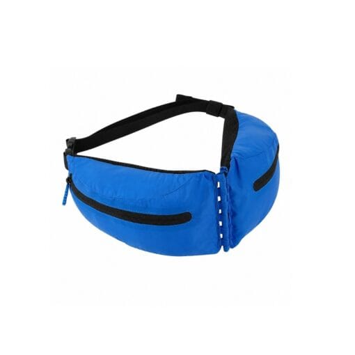 OMM-Removable-waist-belt Removable waist belt pockets of Runner wearing the OMM Classic 18 Mountain Running Backpack on a trail Blue