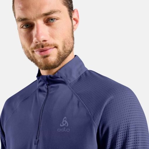 ODLO-Mens-Zeroweight-Warm-Running-Half-Zip-Mid-Layer-Skipper-Blue-detail ODLO men's winter running top with half-zip front