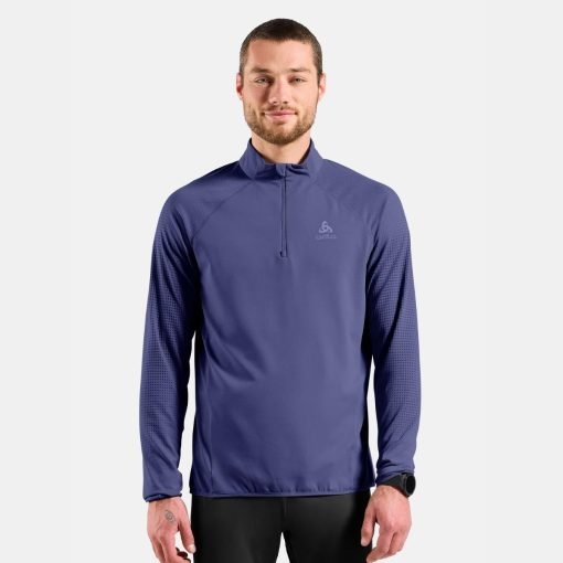 ODLO-Mens-Zeroweight-Warm-Running-Half-Zip-Mid-Layer-Skipper-Blue-front-model ODLO Zeroweight Warm running mid layer reflective details