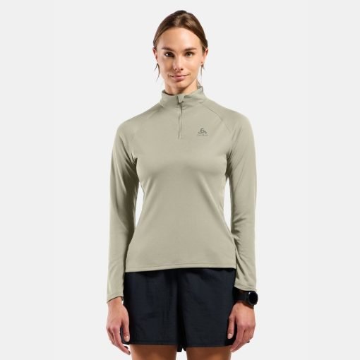 ODLO-Womens-Essential-Running-Half-Zip-Mid-Layer-Agate gray-front-model ODLO women's lightweight running half-zip top front view