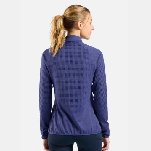 ODLO-Womens-Zeroweight-Warm-Running-Half-Zip-Mid-Layer-skipper-blue-model-back ODLO women's warm running top brushed inside