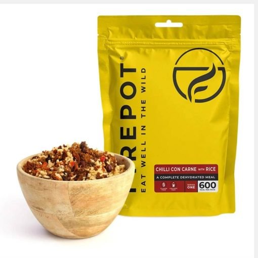 Yellow Firepot Chilli Con Carne and Rice meal pouch beside a serving of beef chilli and rice.