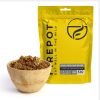 Dehydrated Firepot Posh Pork and Beans pouch beside a serving of pork, potato and beans.
