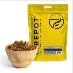 Dehydrated Firepot Posh Pork and Beans pouch beside a serving of pork, potato and beans.